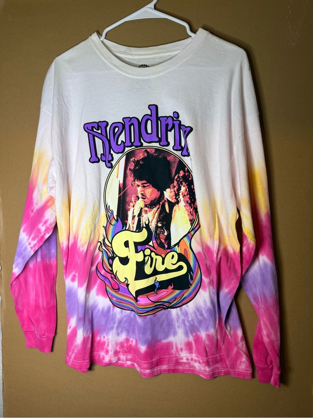 Jimi Hendrix Fire Tie-Dye Long Sleeve Tee - White Pink Purple Yellow